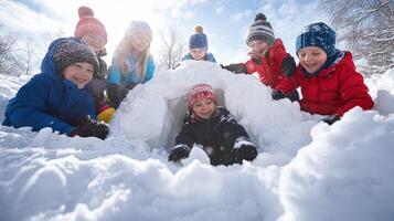 Group of children playing in the snow. photo