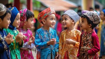 Diverse group of children in vibrant traditional clothing, engaged in playful interaction. photo