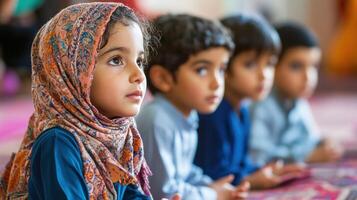 Attentive children in a religious setting, focused on a common goal. photo