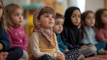 Children in a classroom setting attentively listening. photo