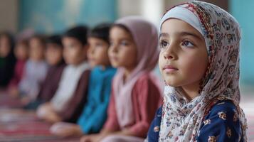 Attentive young girls in a row during a religious service. photo