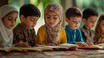 A group of children engrossed in religious texts. photo