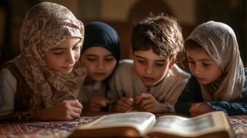 Four children engrossed in a shared religious text e photo