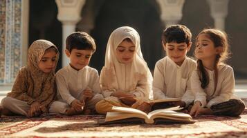 Children engrossed in religious text within a mosque. photo