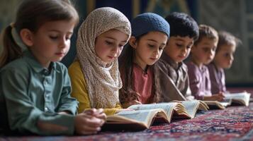 Children reading holy texts on a floor carpet. photo