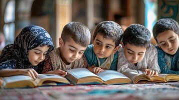 Children engrossed in studying books on a carpet. photo