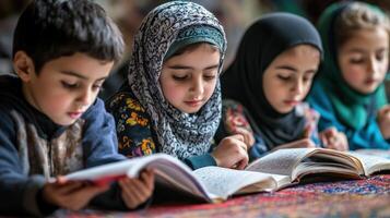 Concentrated children engaged in focused study session. photo
