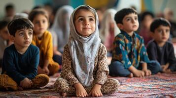 Group of attentive children in a classroom setting. photo