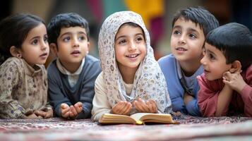 Children gathered around a book, attentive and engaged. photo