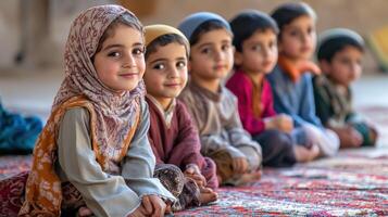 Smiling children sitting in a row on a patterned carpet. photo