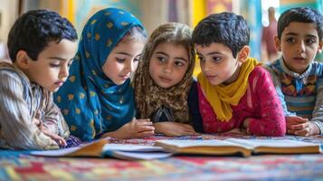 Concentrated children studying together in a group. photo