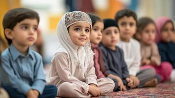 Young children attentive in a group setting. photo