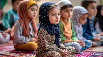 Diverse group of young children seated on a rug. photo
