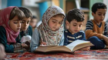 Children engrossed in a shared reading experience. photo