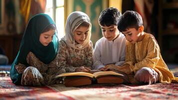 Four children engrossed in a shared religious text t photo