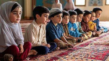 Attentive children seated in a religious school. photo