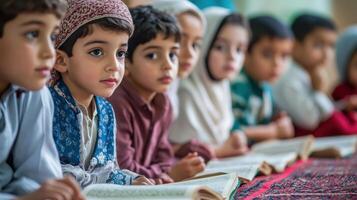 Young students attentively studying religious texts. photo