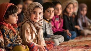 Attentive children seated together in a group. photo
