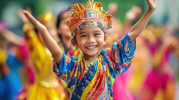 Joyful child in vibrant traditional costume during a celebration. photo