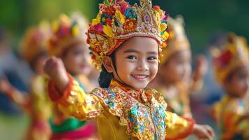 Joyful young dancer in vibrant traditional attire. photo