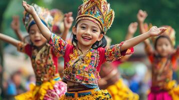 Joyful children dancing in vibrant traditional attire. photo