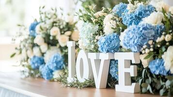 White Love Letters Amidst Blue and White Flowers photo