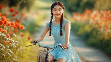 Young Woman Rides Bicycle Through Flower Field photo