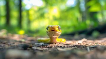 Yellow Snake Posing In A Lush Green Forest photo