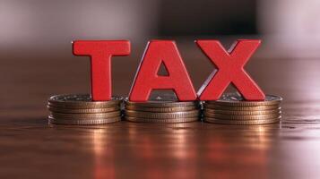 Red letters tax on stacks of coins represent financial burden photo