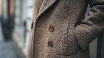 A Brown Tweed Coat Detail Showing Buttons and Pockets photo