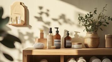 Minimalist Bathroom Shelf With Natural Skincare Products photo