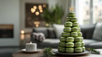 Festive Green Macaron Christmas Tree Dessert photo
