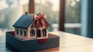 A miniature house sits inside a gift box with a red bow photo