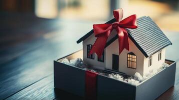 House Gift Wrapped In Red Ribbon Box photo