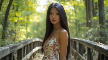 Woman with long black hair stands on a bridge in a forest photo