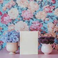 Blank Book Flanked by Artificial Flowers in Vases photo