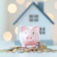 Piggy Bank, Coins, and Model House photo