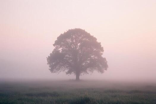 Solitary Deciduous Tree in Foggy Field at Dawn photo