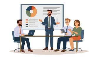 Business Presentation illustration. A group of diverse people leading a discussion at a table near a board vector