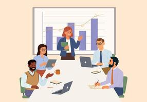 Business Discussion. A group of diverse business people having a discussion at a table with graphs vector