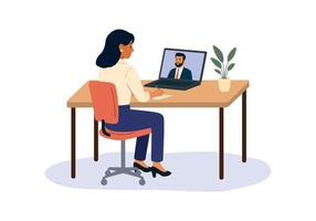 Online job interview. Recruitment and hiring via videocall. HR and candidate communication. Virtual meeting, employer and employee. Flat illustration. Isolated on white background vector