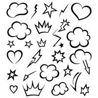 Hand Drawn Doodle Icons Set Sketches of Clouds, Stars, Hearts, Crowns, and Lightning Elements vector
