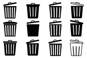 Set of Trash Bin Icons Garbage, Delete, and Waste Basket Symbols in Flat and Outline Style vector