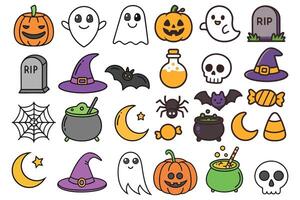 Cute Halloween Icon Set Colorful Collection with Ghosts, Pumpkins, Bats, and Witch Elements vector