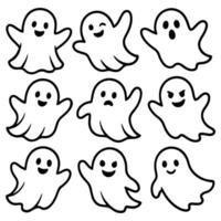 Set of Cute Cartoon Ghosts with Different Expressions Halloween Line Art vector
