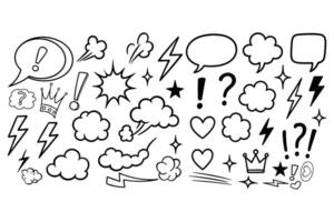 Hand Drawn Comic Elements Set Doodle Icons of Speech Bubbles, Lightning, Clouds, and Symbols vector