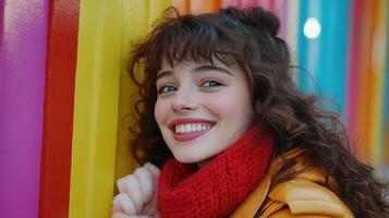 Smiling Young Woman with Red Scarf Against Colorful Wall Backdrop photo