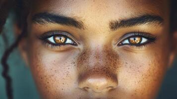Golden Eyes Beauty. Close-Up Portrait Showcasing Freckles and Stunning Eye Color photo