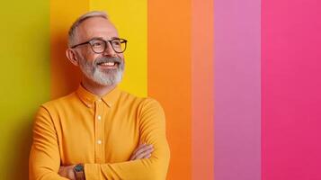 Smiling Mature Man Wearing Eyeglasses Against Colorful Backdrop with Arms Crossed photo