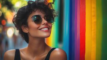 Smiling Woman With Sunglasses and Rainbow Wall Background. Confident Pose, Radiant Smile photo
